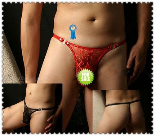 男士性感蕾絲透明丁字褲 (黑)