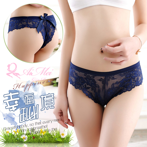 《AIMEI GIAREN》幸福秘境！大蝴蝶結蕾絲花邊T字褲﹝深藍﹞