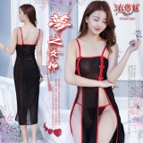  《YIRAN MEI》夢之女神！曼妙前雙開襟薄紗長裙睡衣﹝黑﹞