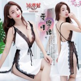 《YIRAN MEI》愛戀情緣！深V緞面蕾絲側開襟情趣睡衣﹝白﹞