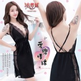 《YIRAN MEI》愛戀情緣！深V緞面蕾絲側開襟情趣睡衣﹝黑﹞