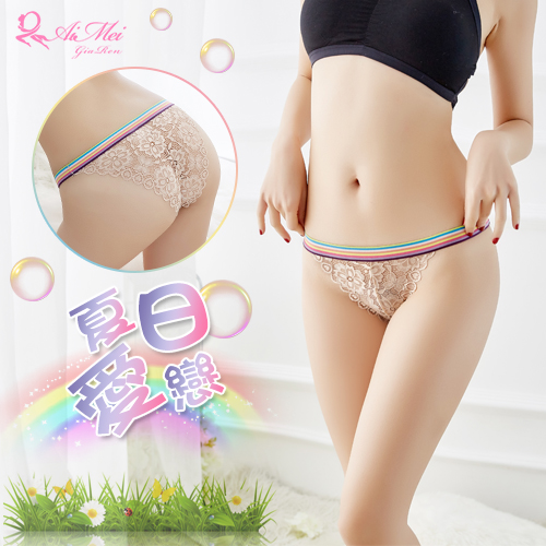 《AIMEI GIAREN》夏日愛戀！彩紅腰帶拼接蕾絲三角褲﹝膚﹞