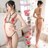 《SHIMEISHA》情趣比基尼！繡花玫瑰掛脖Y字線條可調肩帶兩件組