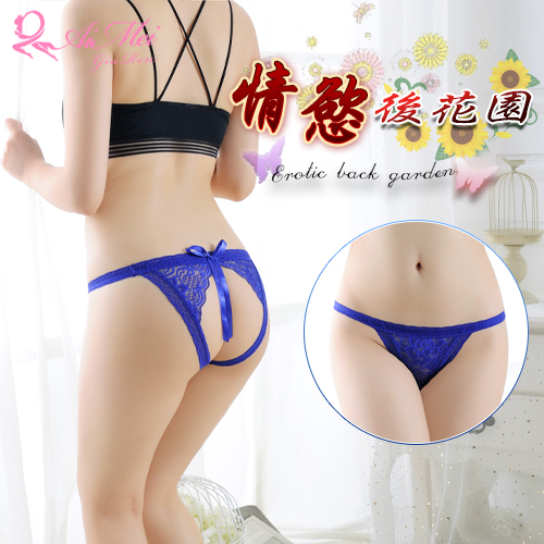 《AIMEI GIAREN》情慾後花園！免脫蝴蝶結繡花蕾絲中腰開襠褲﹝寶藍﹞