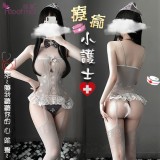 《FEE ET MOI》護士角色扮演服！十字蝴蝶領結波點鏤空花邊裙襬露臀連身衣四件式套裝