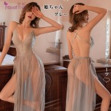 《FEE ET MOI》情趣連身衣！V型輕透花朵後交叉裸身綁帶網紗裙兩件組﹝灰﹞