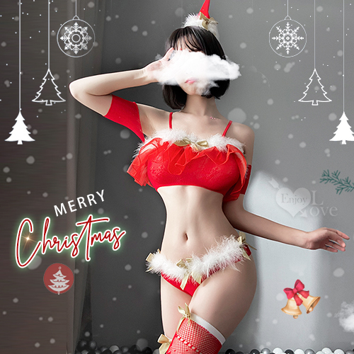 魅力聖誕派對！蓬蓬袖一字肩絨毛蝴蝶結細膩網眼蜜桃臀四件式套裝