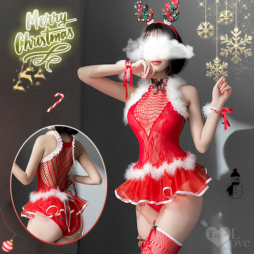 魅力聖誕派對！絨毛削肩網眼透背蓬蓬紗裙可開襠連身網衣六件式套裝