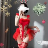 魅力聖誕派對！V字線條鏤空兩側紗裙連身衣含星星網眼襪四件式套裝