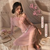 情趣睡衣！中國風情復古立領印花裸透長紗裙三件組﹝粉﹞