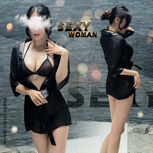 情趣睡衣！三點式綁帶比基尼薄紗外罩衫四件式套裝