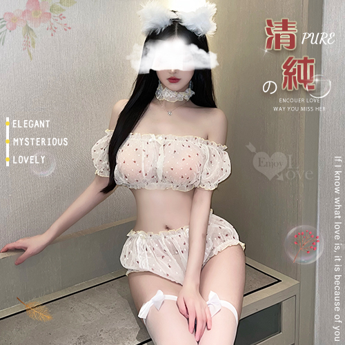 情趣睡衣！木耳滾邊小花點點網紗透膚含絲襪四件式套裝﹝粉﹞