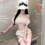 情趣睡衣！木耳滾邊小花點點網紗透膚含絲襪四件式套裝﹝粉﹞