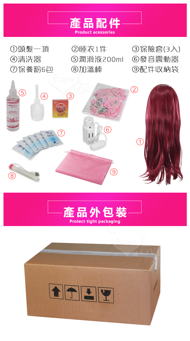 頭髮一頂,保養粉,產品配件,睡衣1件,◎潤滑液200m,加溫棒,保險3入,發音震動器,配件收納袋