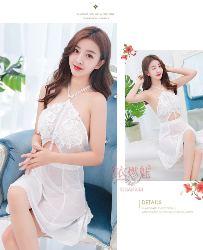 《YIRAN MEI》浪漫風情！削肩刺繡蕾絲可調背帶情趣睡衣﹝白﹞