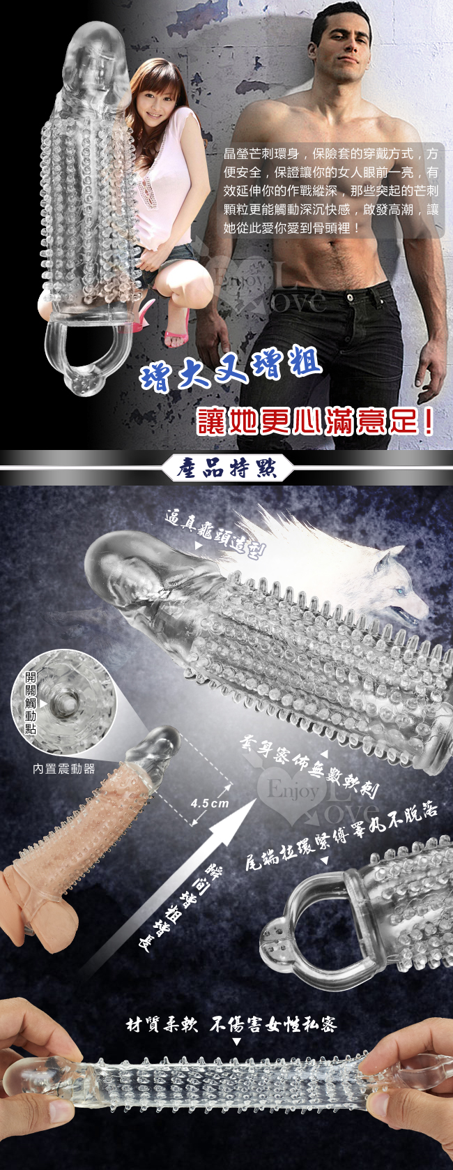 老二狼牙戰甲‧震動水晶軟膠刺激套 - 透明白﹝增粗+增長+持久戰力﹞