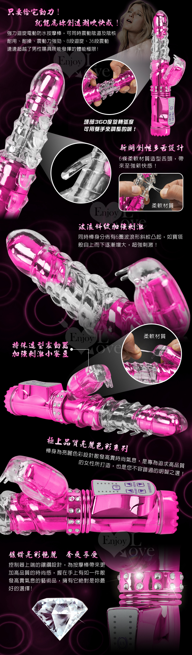 潮吹神舌‧8迴旋X36段變頻鑲鑽按摩棒﹝亮彩紅﹞