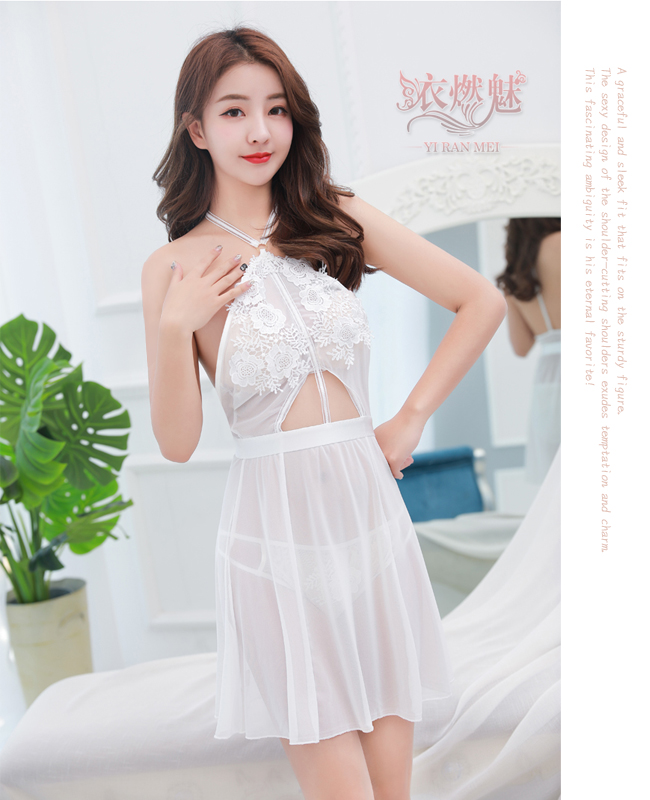 《YIRAN MEI》浪漫風情！削肩刺繡蕾絲可調背帶情趣睡衣﹝白﹞