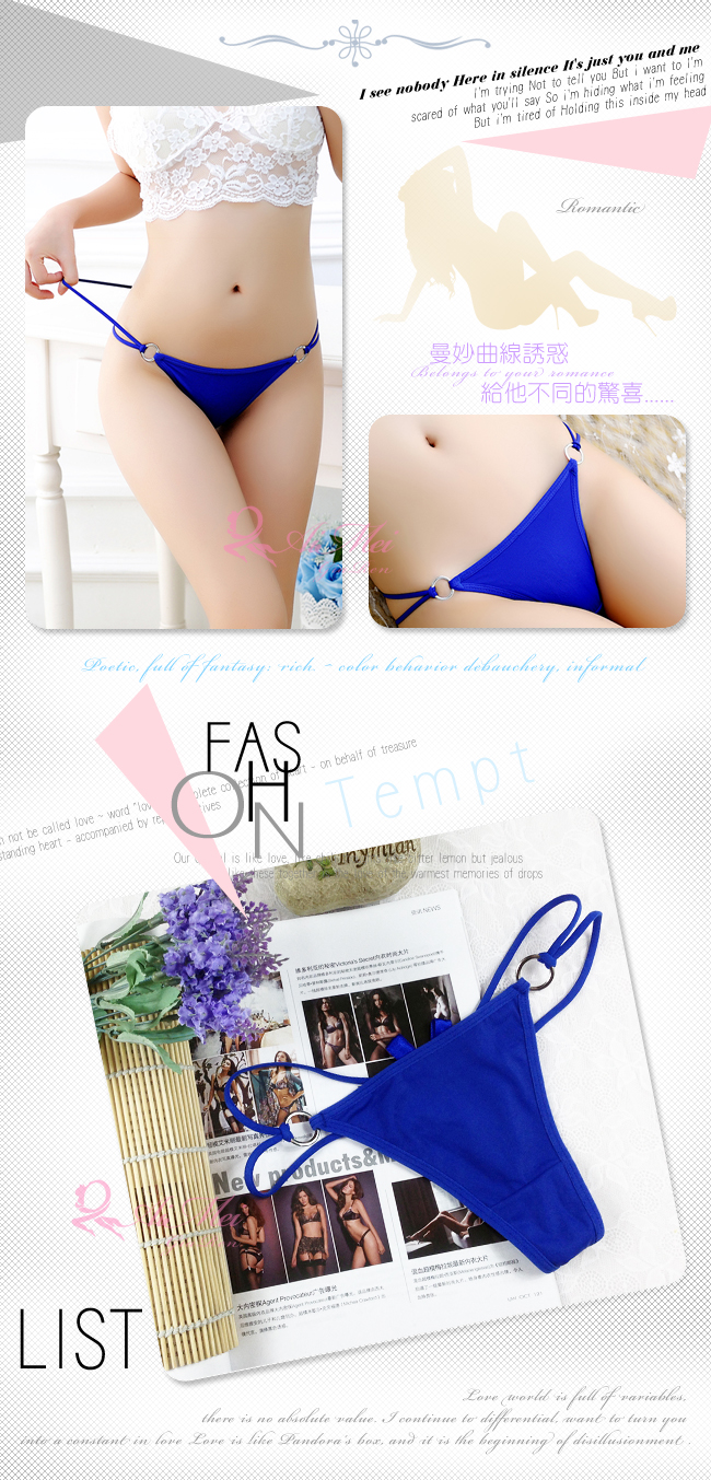 《AIMEI GIAREN》俏麗柔情！環扣絲滑鑽飾蝴蝶結露臀丁字褲﹝寶藍﹞