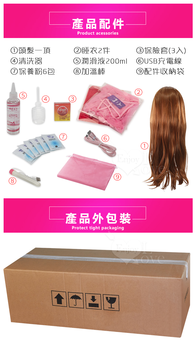 產品配件,頭髮一頂,睡衣2件,保險套3入,潤滑液200m,USB電線,保養粉,加溫棒,配件收納袋